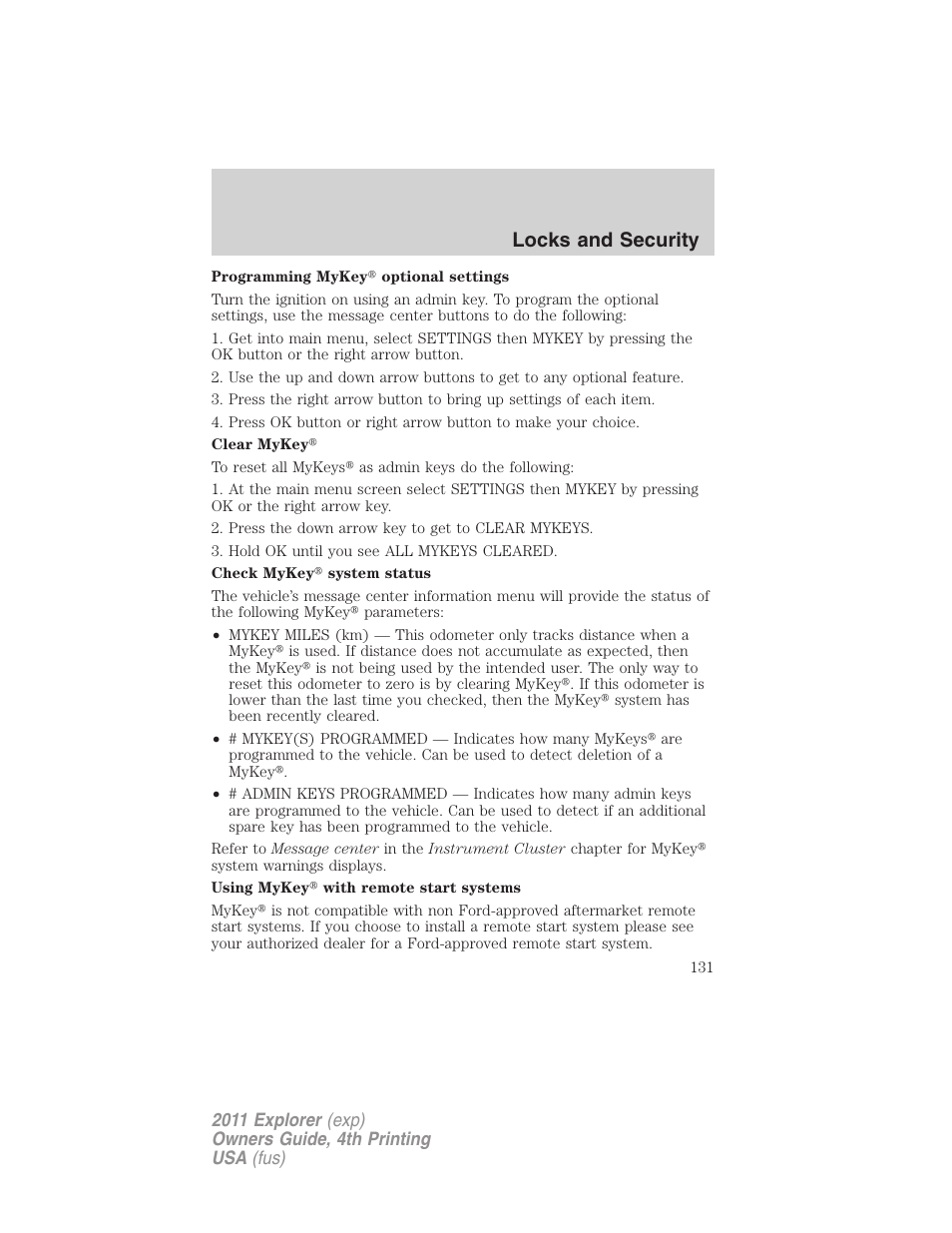 Locks and security | FORD 2011 Explorer v.3 User Manual | Page 131 / 442