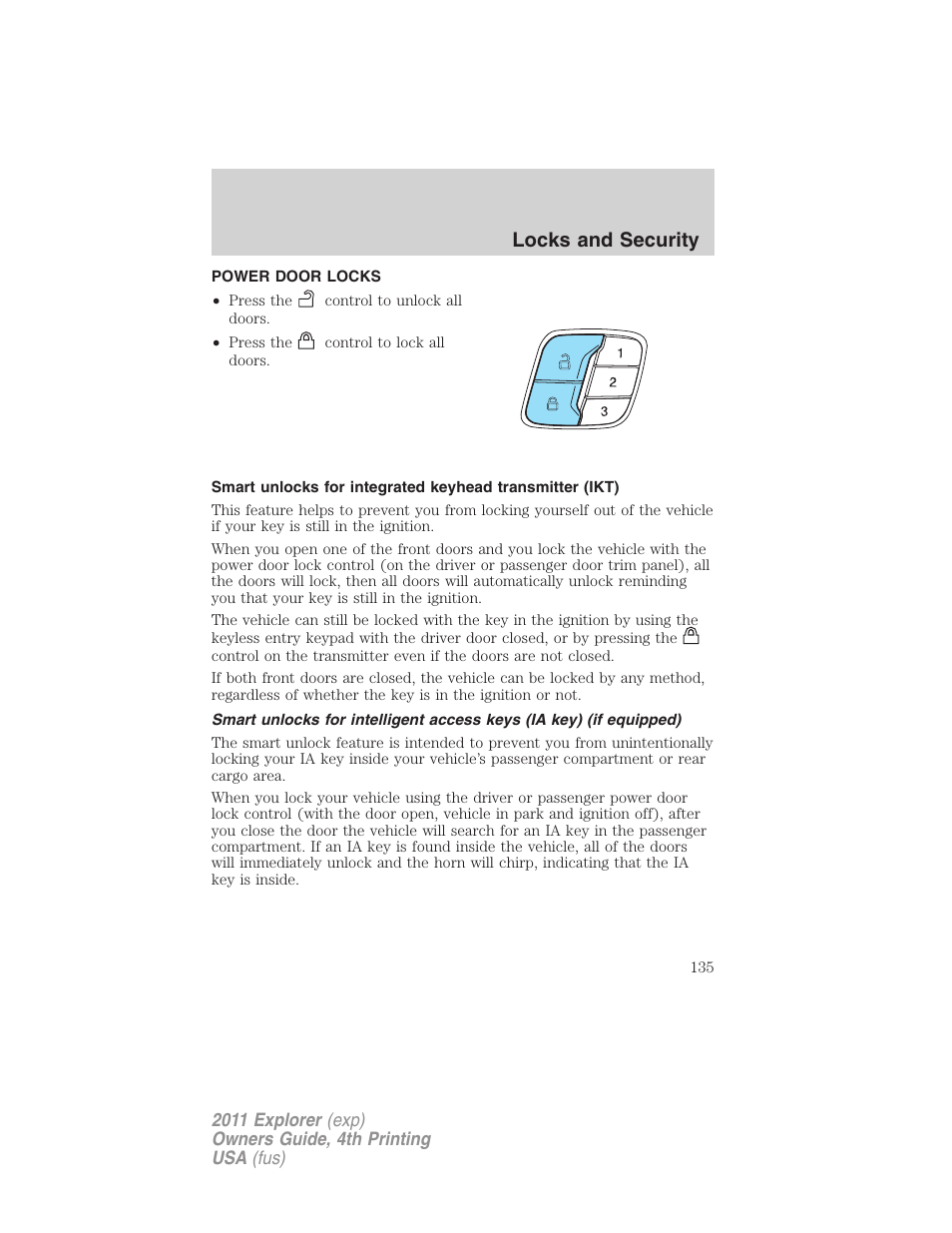 Power door locks, Locks, Locks and security | FORD 2011 Explorer v.3 User Manual | Page 135 / 442