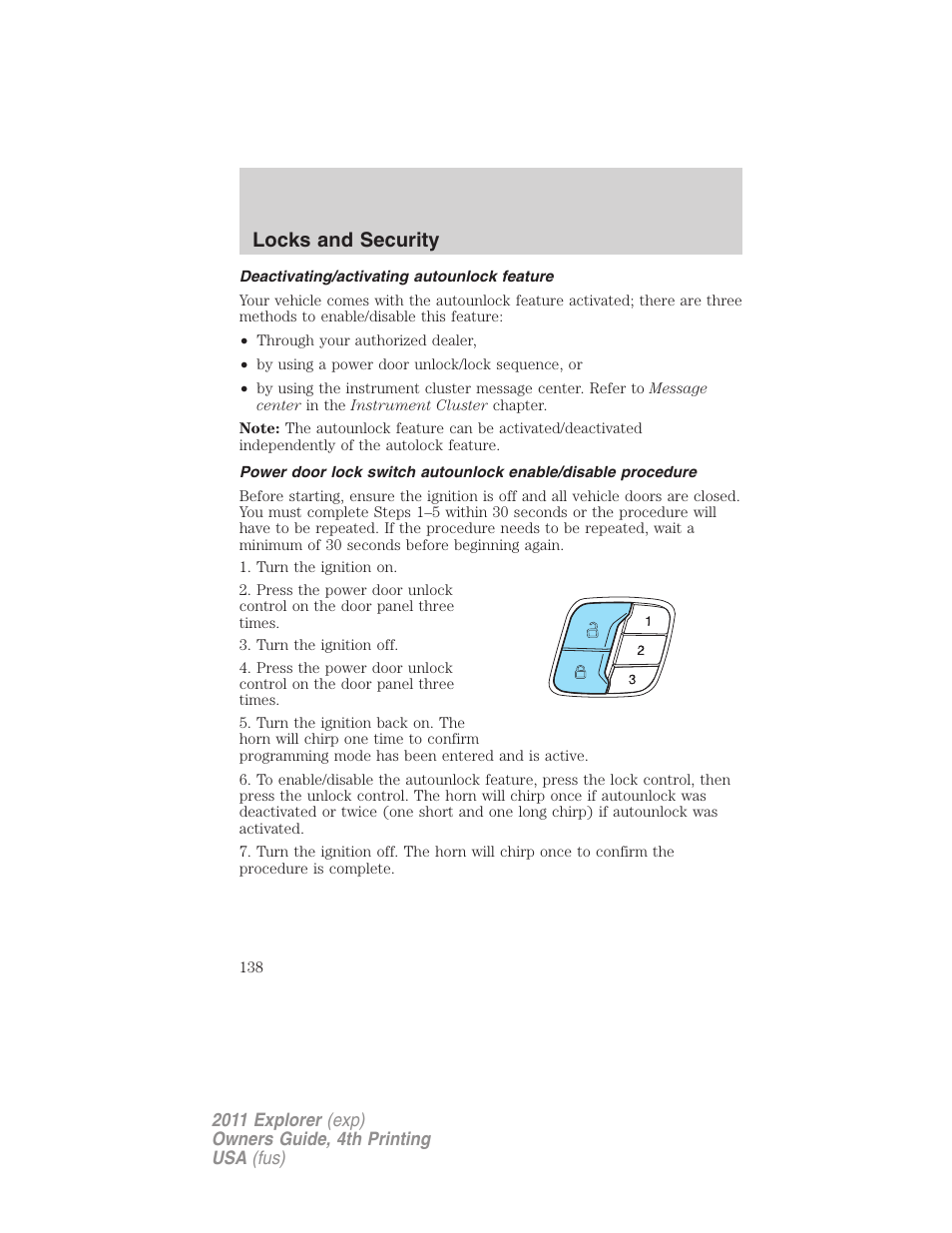 Deactivating/activating autounlock feature, Locks and security | FORD 2011 Explorer v.3 User Manual | Page 138 / 442