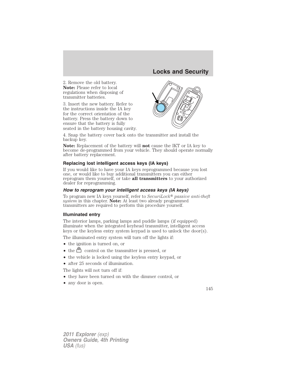 Replacing lost intelligent access keys (ia keys), Illuminated entry, Locks and security | FORD 2011 Explorer v.3 User Manual | Page 145 / 442