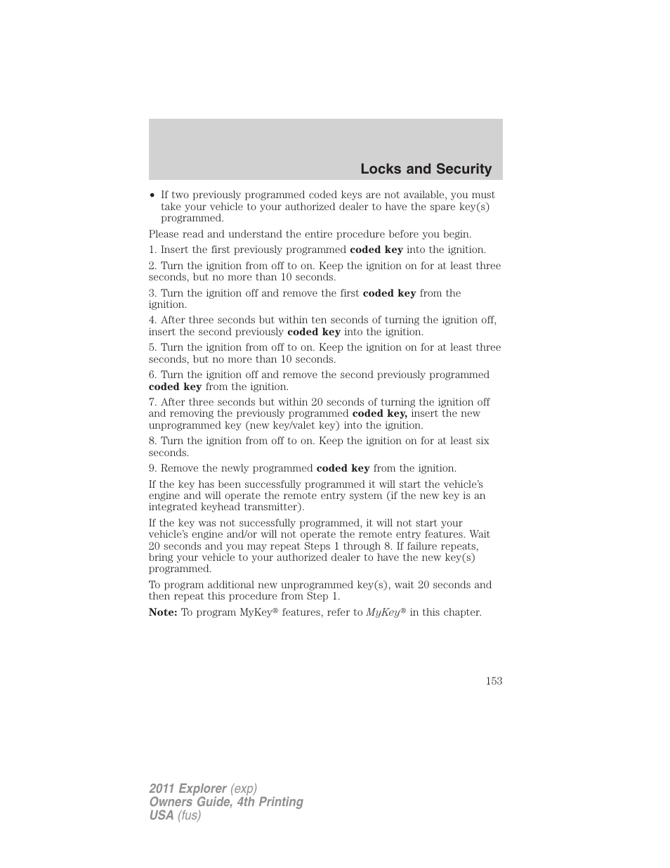 Locks and security | FORD 2011 Explorer v.3 User Manual | Page 153 / 442