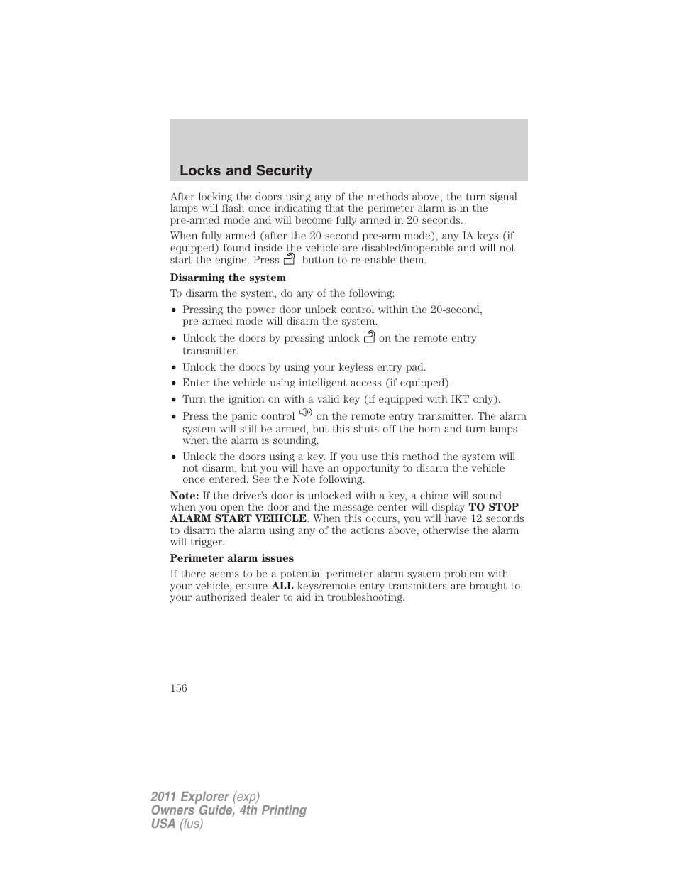 Locks and security | FORD 2011 Explorer v.3 User Manual | Page 156 / 442