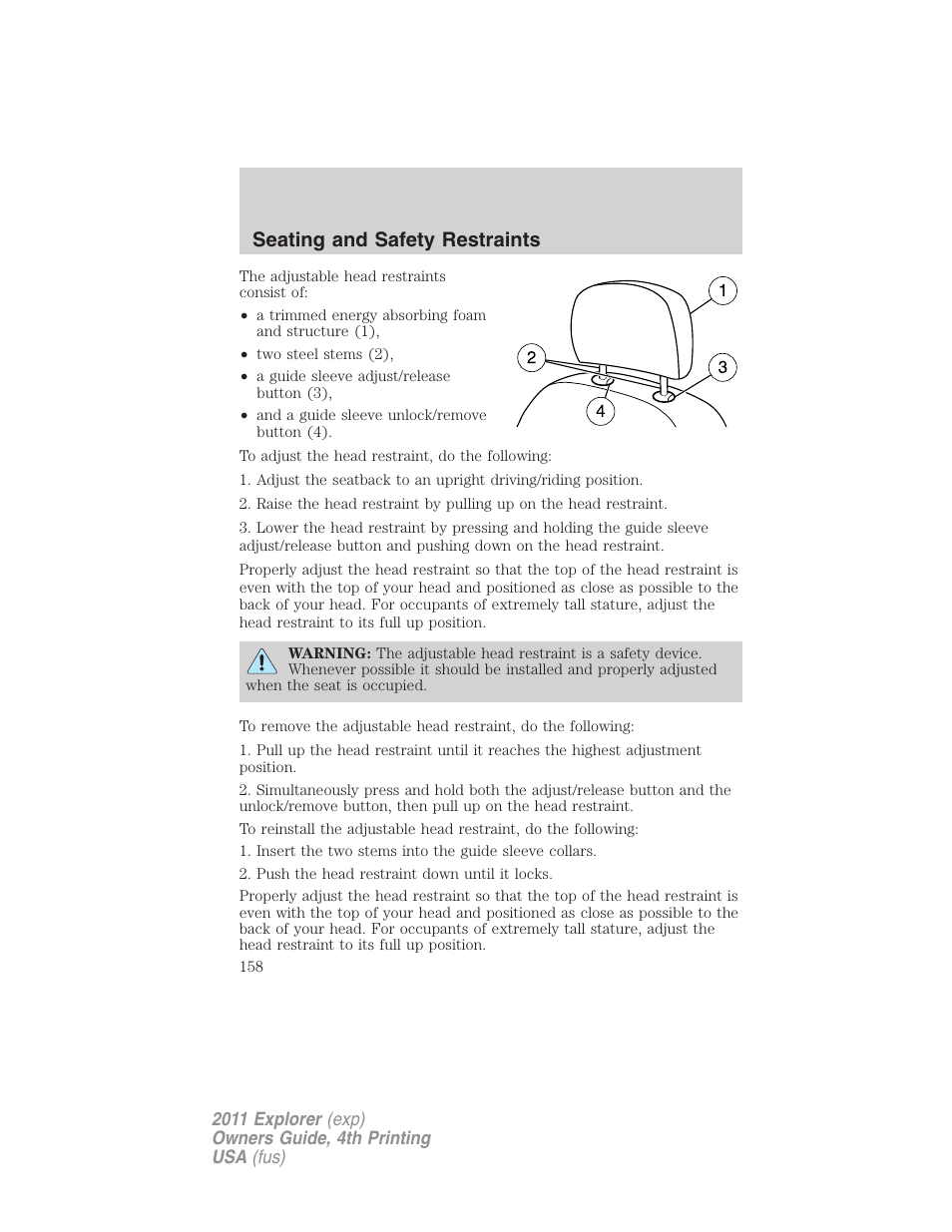 Seating and safety restraints | FORD 2011 Explorer v.3 User Manual | Page 158 / 442