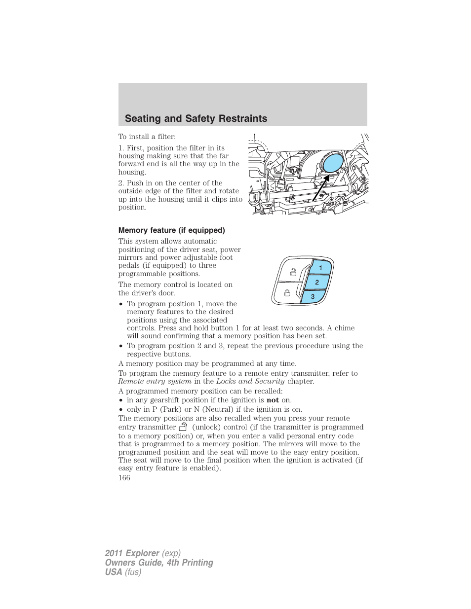 Memory feature (if equipped), Seating and safety restraints | FORD 2011 Explorer v.3 User Manual | Page 166 / 442
