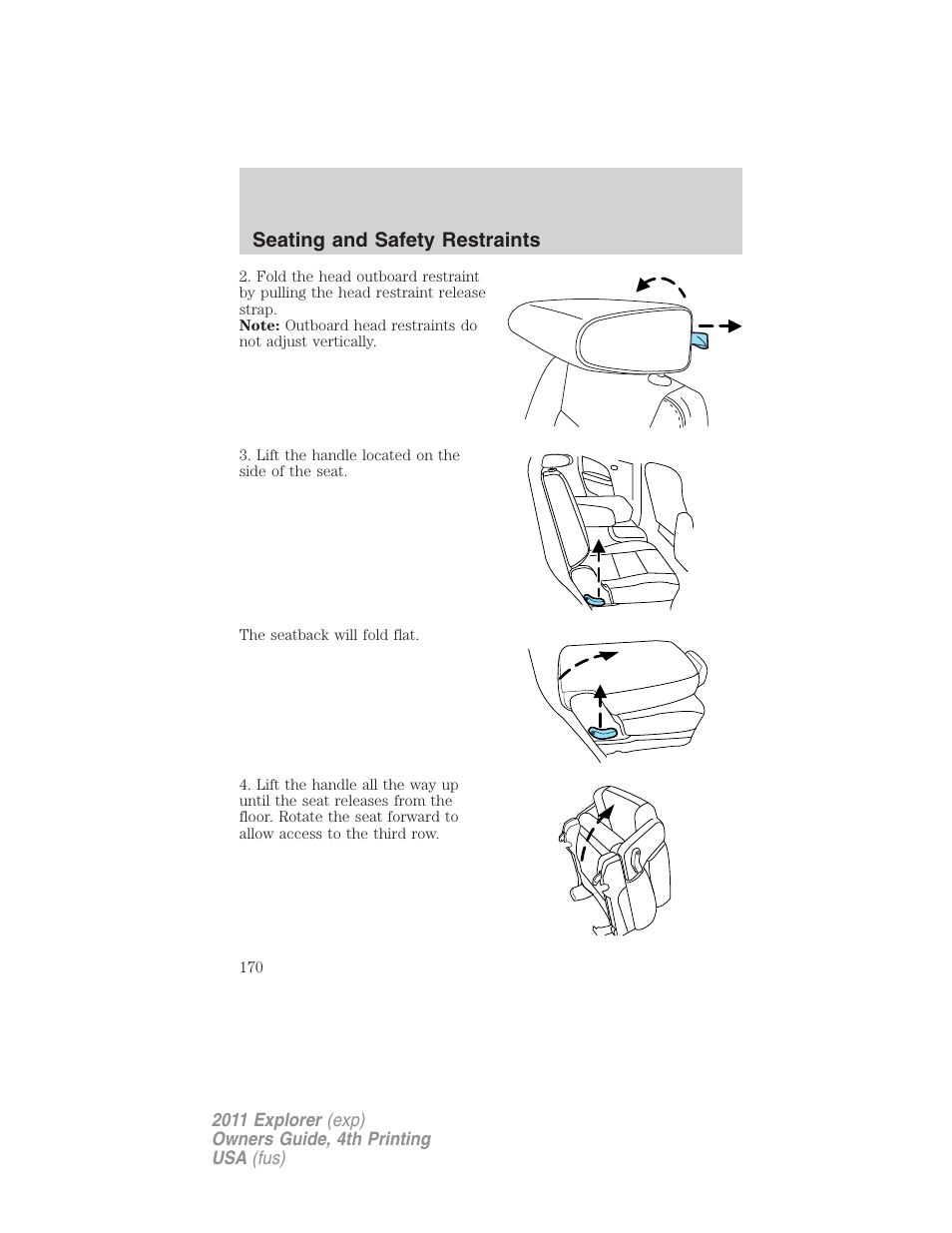 Seating and safety restraints | FORD 2011 Explorer v.3 User Manual | Page 170 / 442