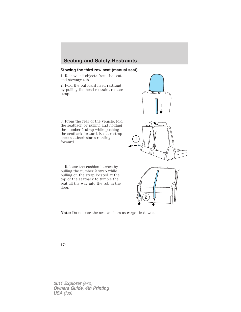 Stowing the third row seat (manual seat), Seating and safety restraints | FORD 2011 Explorer v.3 User Manual | Page 174 / 442