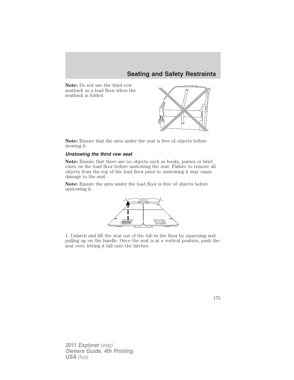 Unstowing the third row seat, Seating and safety restraints | FORD 2011 Explorer v.3 User Manual | Page 175 / 442