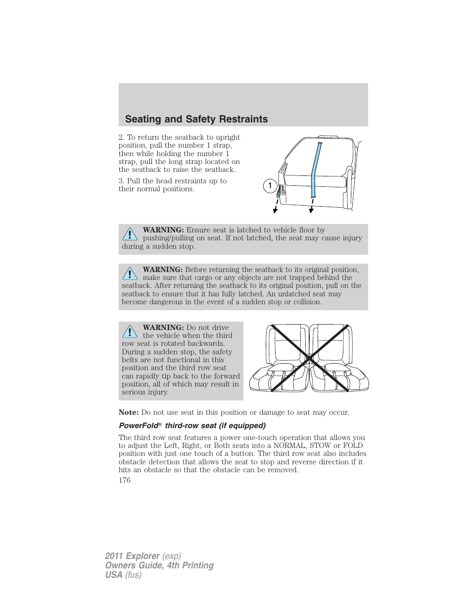 Powerfold third-row seat (if equipped), Seating and safety restraints | FORD 2011 Explorer v.3 User Manual | Page 176 / 442