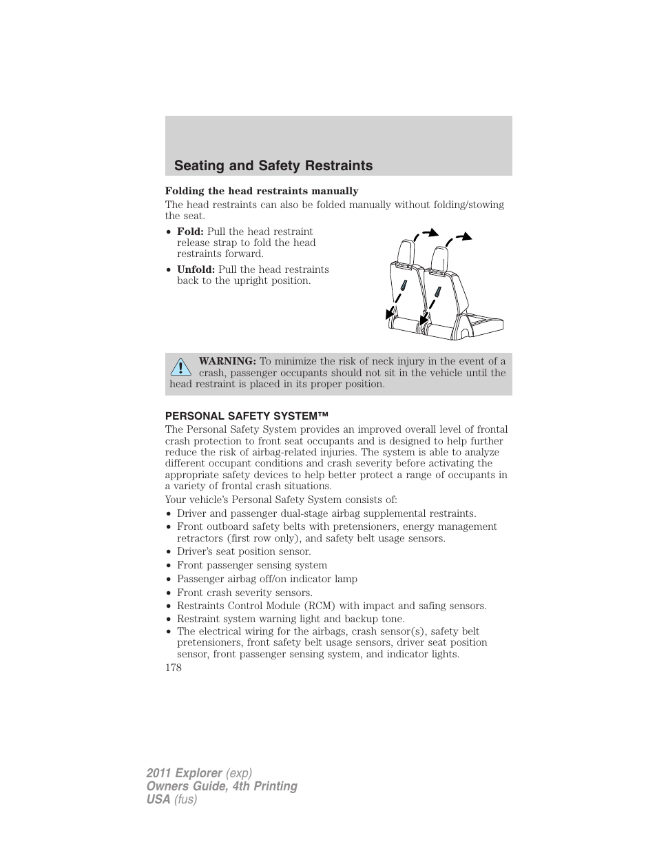 Personal safety system, Seating and safety restraints | FORD 2011 Explorer v.3 User Manual | Page 178 / 442