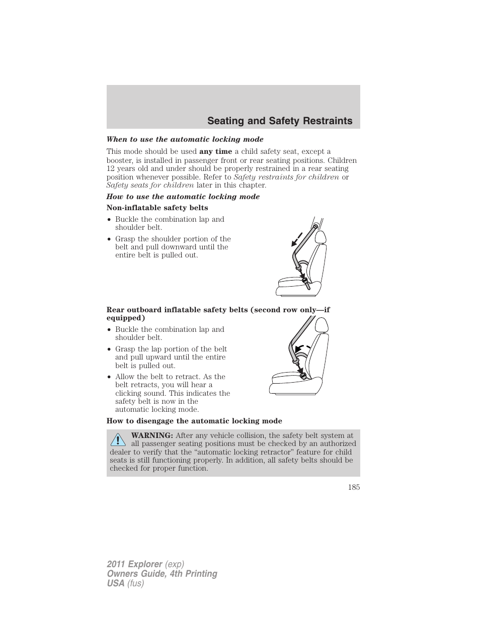 Seating and safety restraints | FORD 2011 Explorer v.3 User Manual | Page 185 / 442