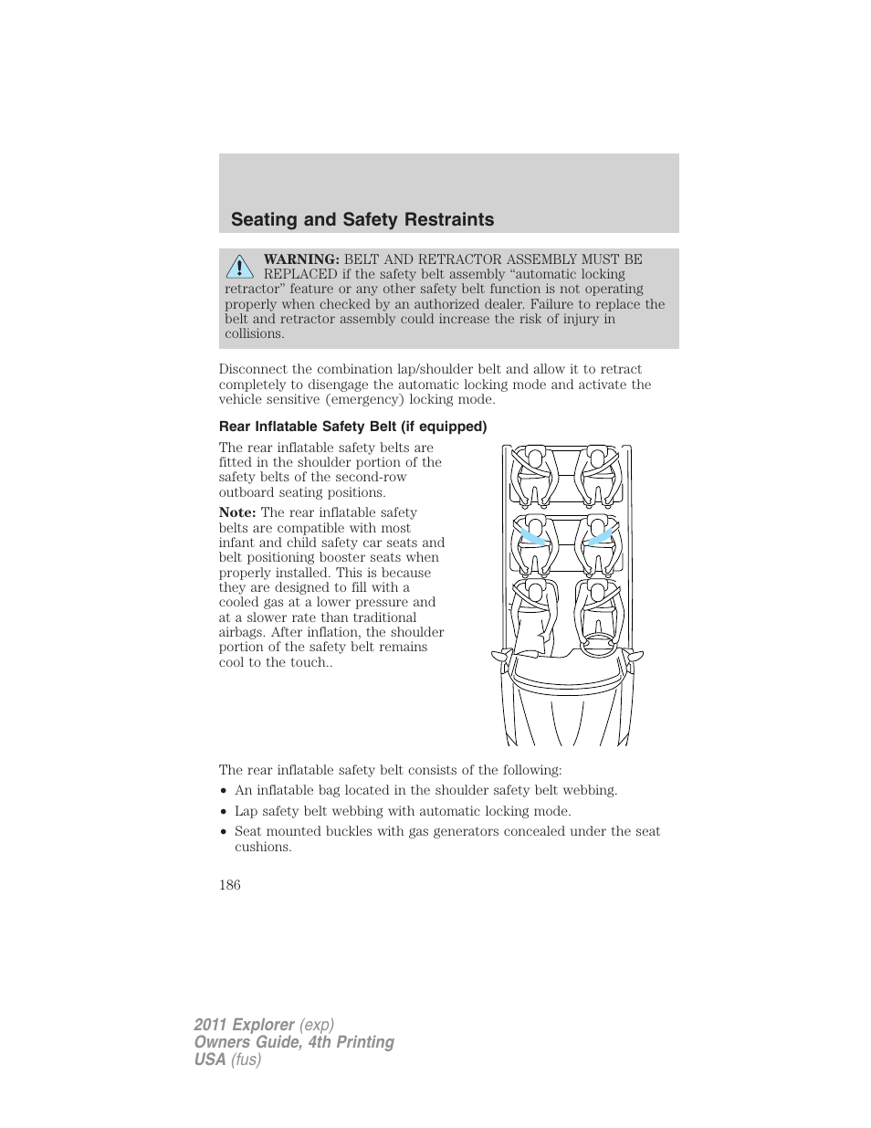 Rear inflatable safety belt (if equipped), Seating and safety restraints | FORD 2011 Explorer v.3 User Manual | Page 186 / 442