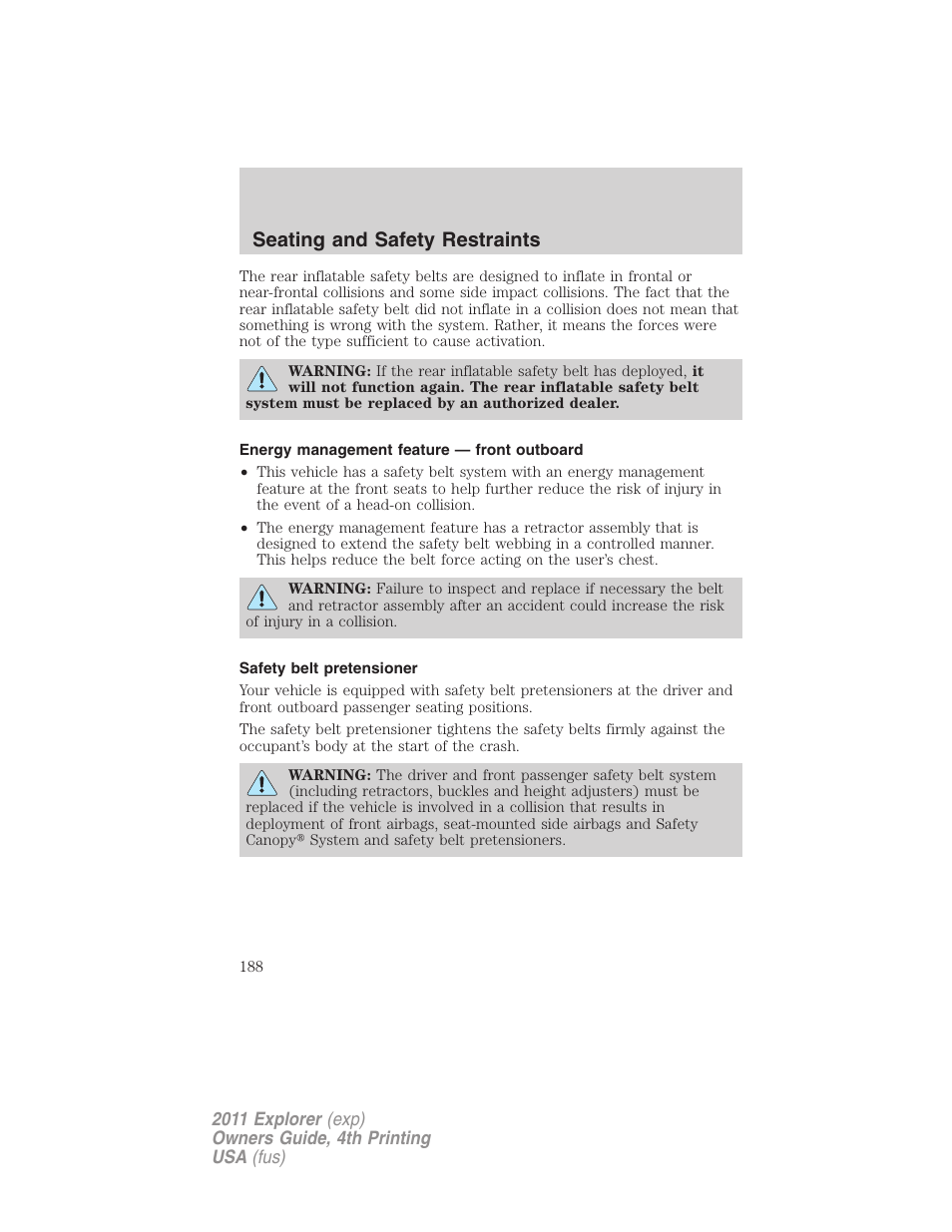 Energy management feature — front outboard, Safety belt pretensioner, Seating and safety restraints | FORD 2011 Explorer v.3 User Manual | Page 188 / 442