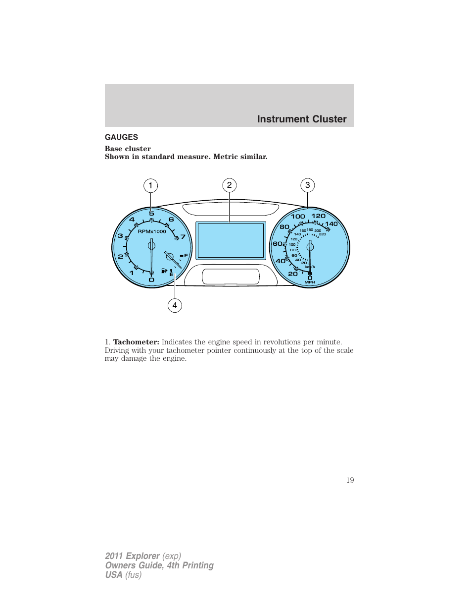 Gauges, Instrument cluster | FORD 2011 Explorer v.3 User Manual | Page 19 / 442