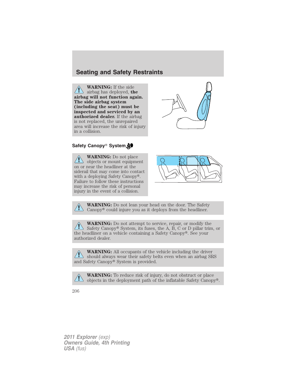 Safety canopy system, Seating and safety restraints | FORD 2011 Explorer v.3 User Manual | Page 206 / 442