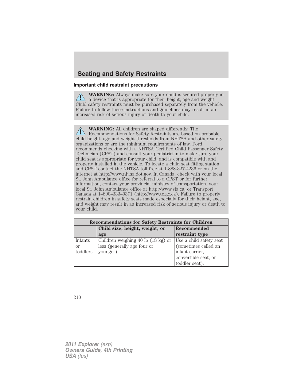 Important child restraint precautions, Seating and safety restraints | FORD 2011 Explorer v.3 User Manual | Page 210 / 442