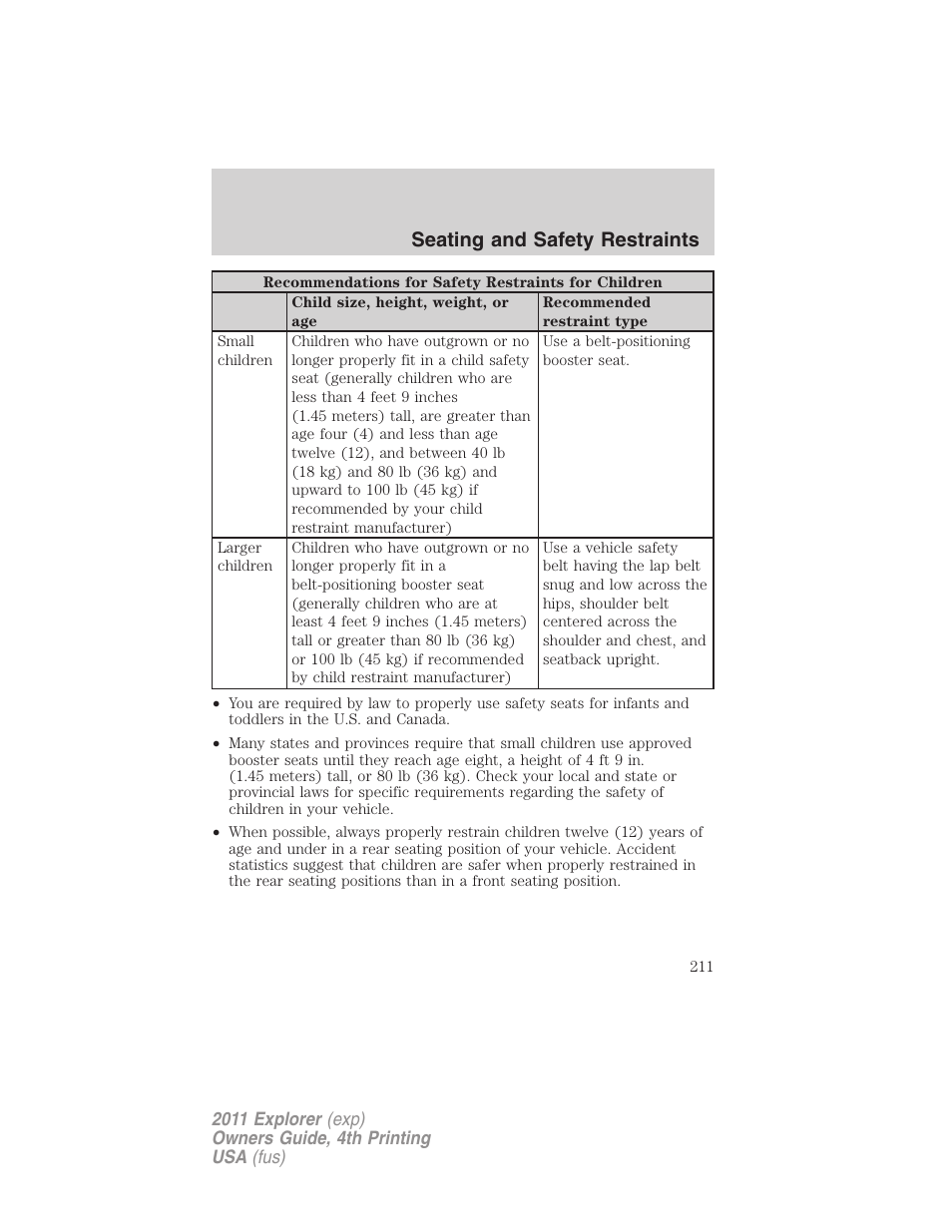 Seating and safety restraints | FORD 2011 Explorer v.3 User Manual | Page 211 / 442