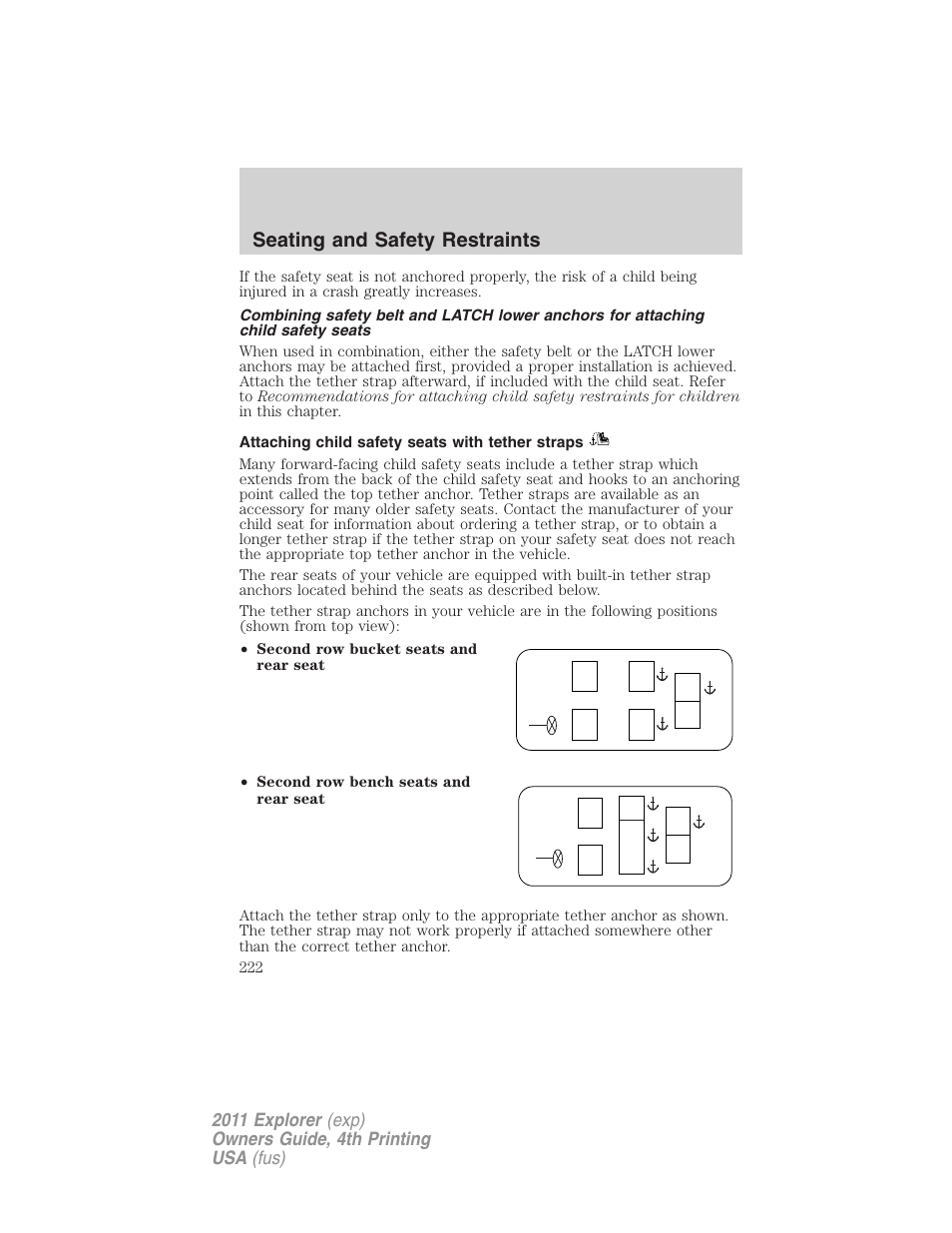 Attaching child safety seats with tether straps, Seating and safety restraints | FORD 2011 Explorer v.3 User Manual | Page 222 / 442