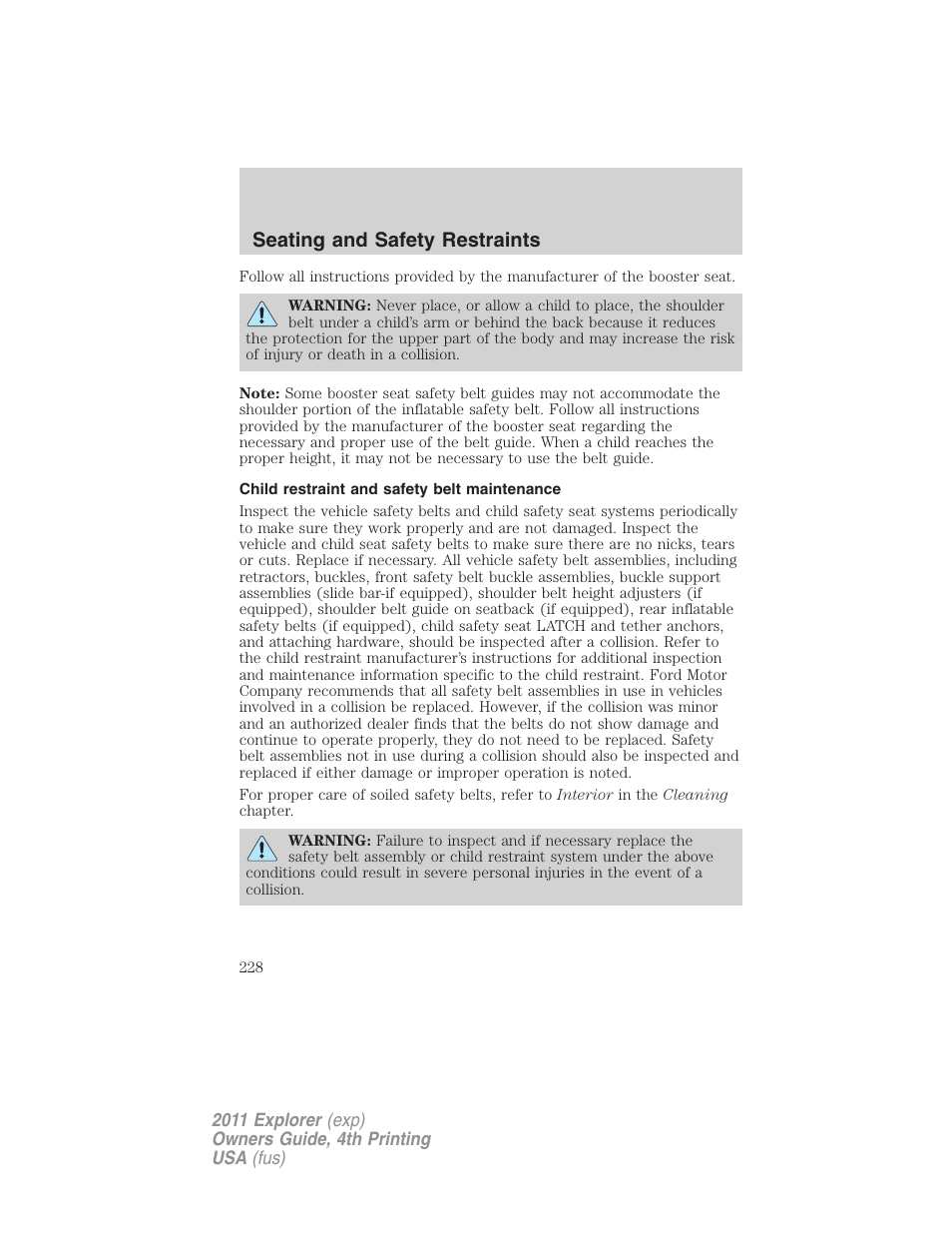 Child restraint and safety belt maintenance, Seating and safety restraints | FORD 2011 Explorer v.3 User Manual | Page 228 / 442