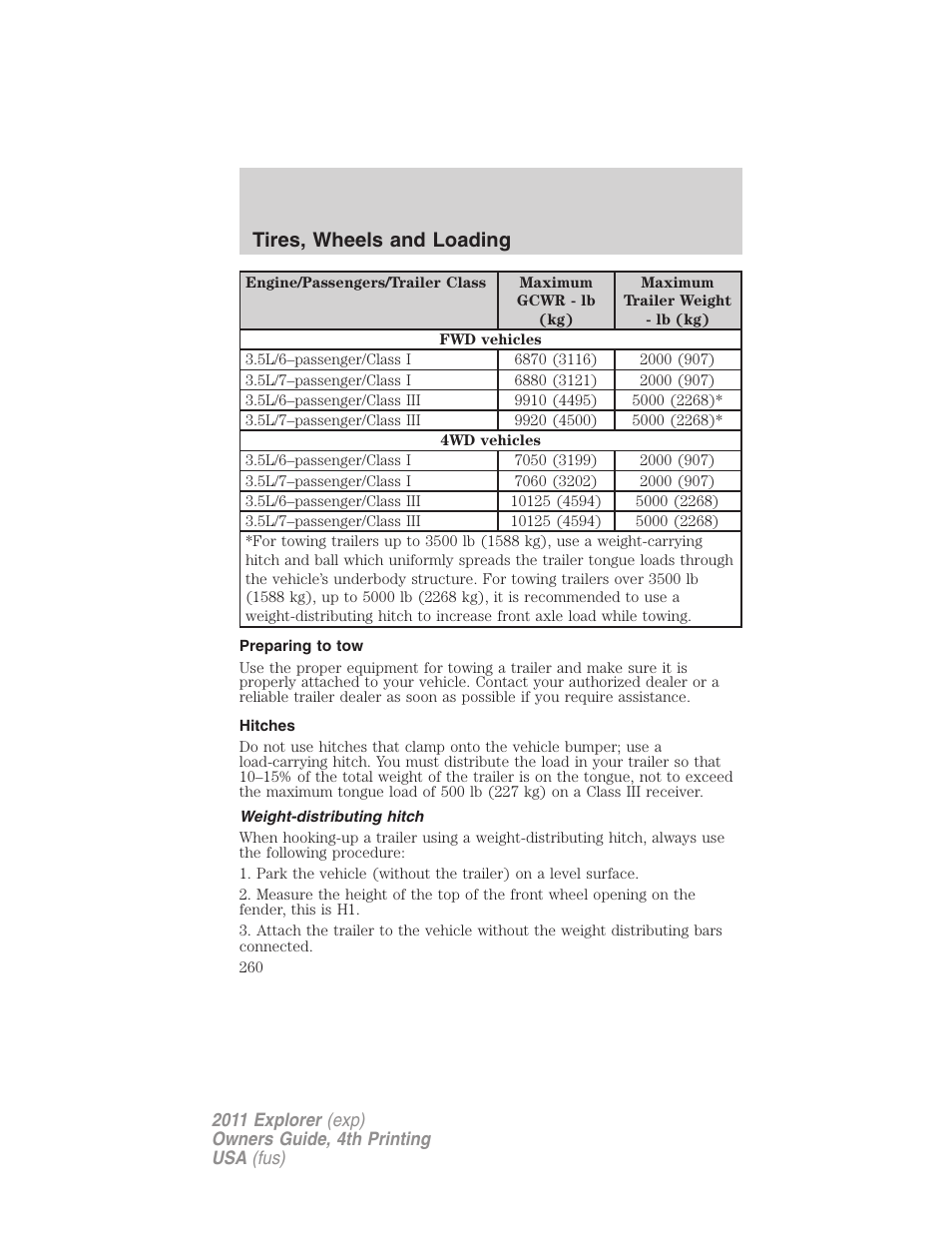 Preparing to tow, Hitches, Weight-distributing hitch | Tires, wheels and loading | FORD 2011 Explorer v.3 User Manual | Page 260 / 442