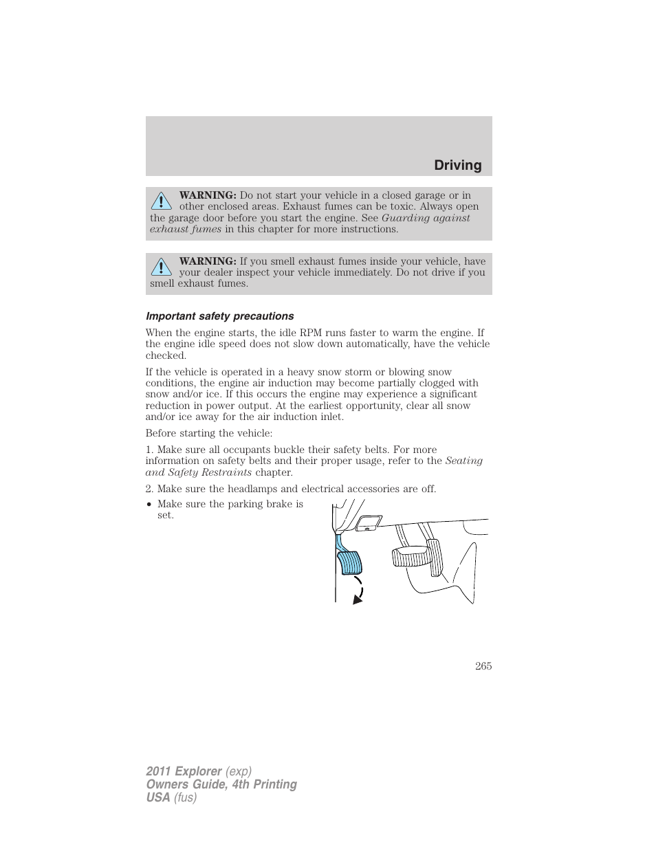 Important safety precautions, Driving | FORD 2011 Explorer v.3 User Manual | Page 265 / 442