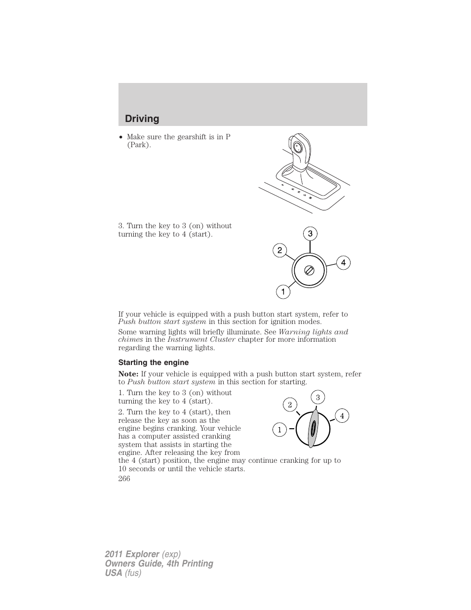 Starting the engine, Driving | FORD 2011 Explorer v.3 User Manual | Page 266 / 442