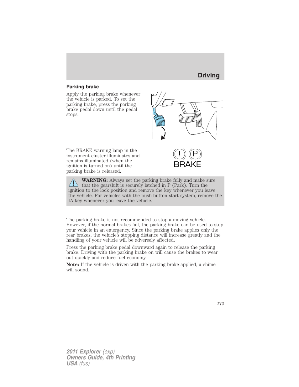 Parking brake, P! brake | FORD 2011 Explorer v.3 User Manual | Page 273 / 442