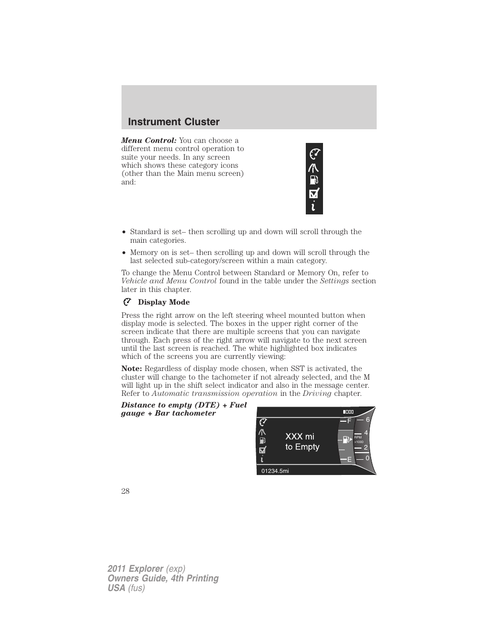 Instrument cluster | FORD 2011 Explorer v.3 User Manual | Page 28 / 442