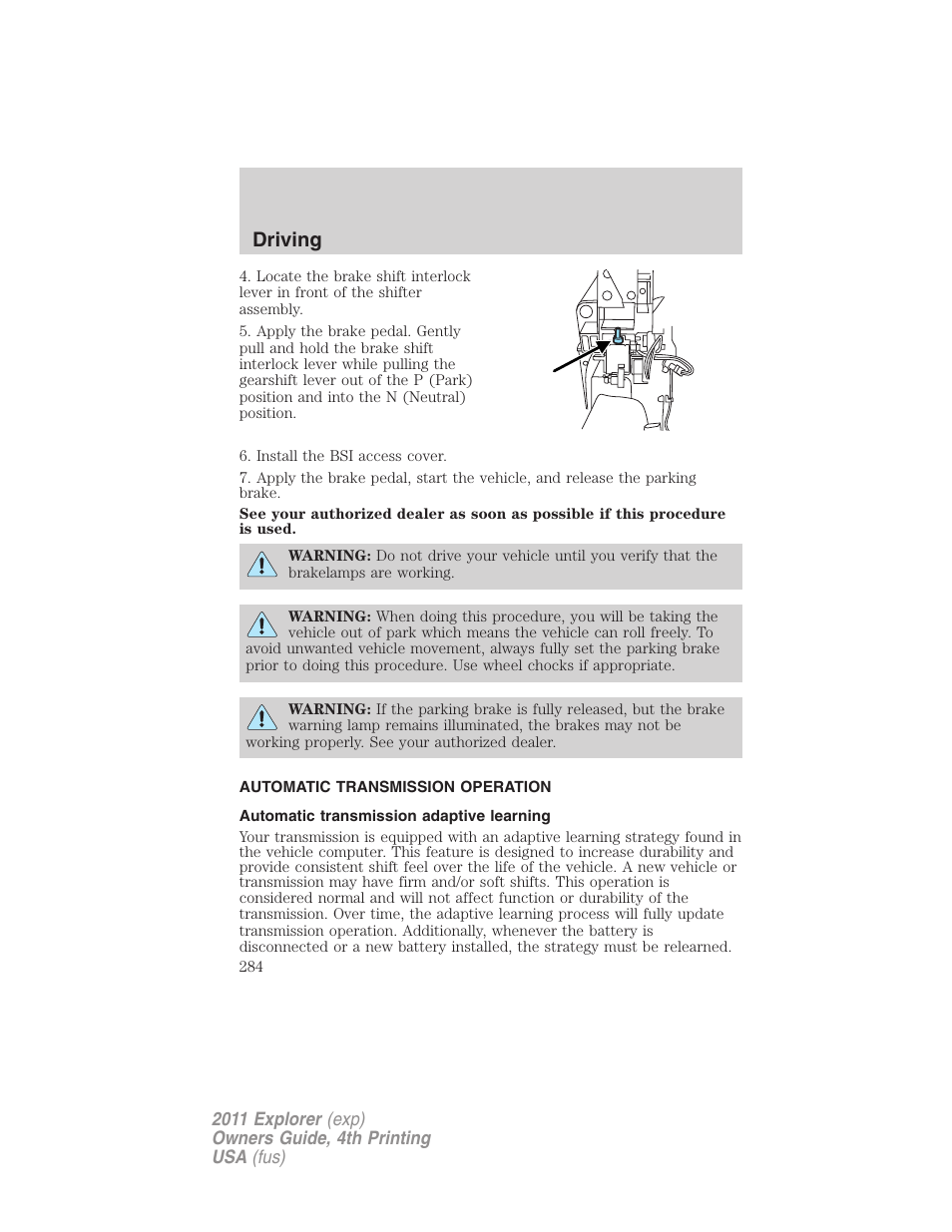 Automatic transmission operation, Automatic transmission adaptive learning, Transmission operation | Driving | FORD 2011 Explorer v.3 User Manual | Page 284 / 442