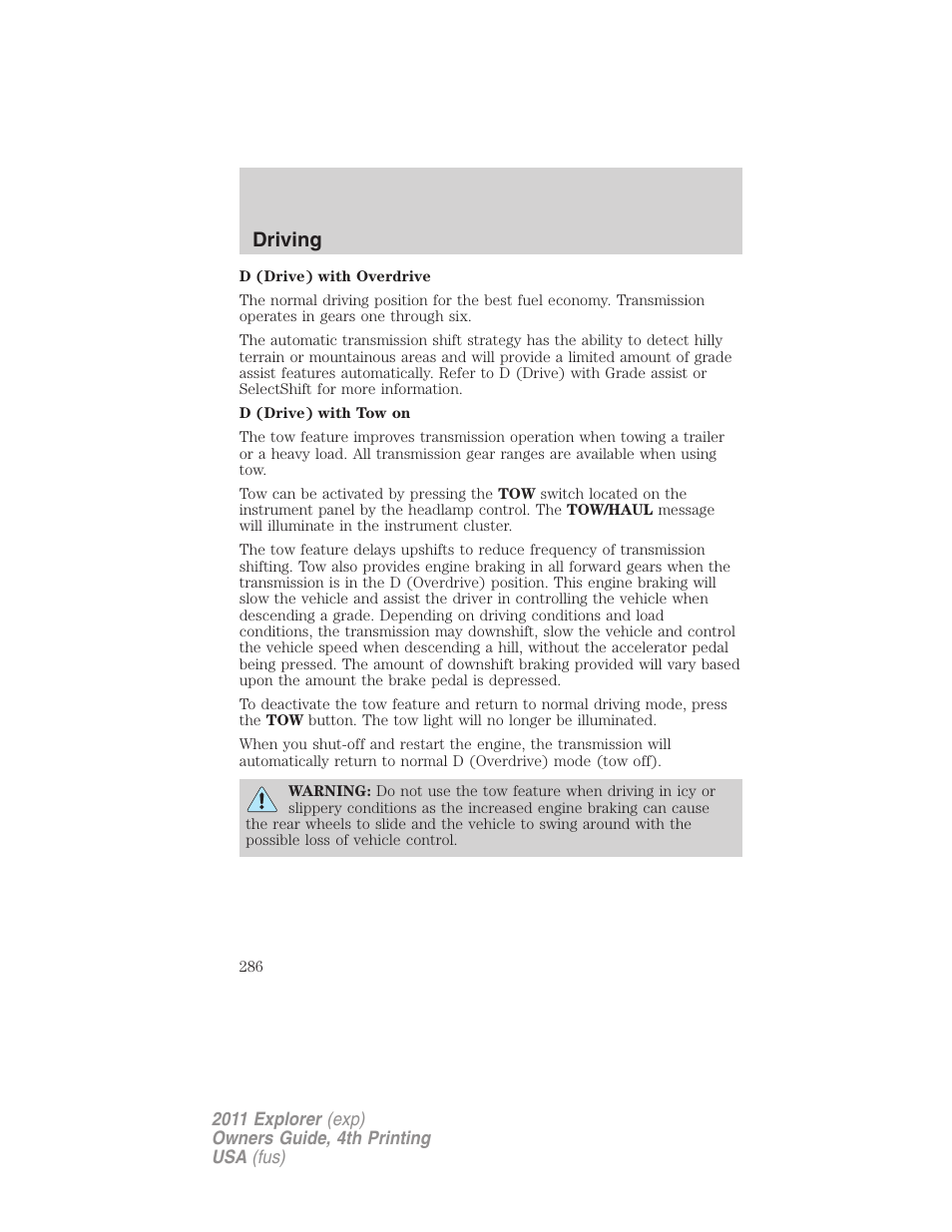 Driving | FORD 2011 Explorer v.3 User Manual | Page 286 / 442