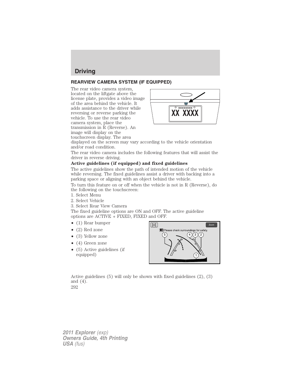 Rearview camera system (if equipped), Rear-view camera system, Driving | FORD 2011 Explorer v.3 User Manual | Page 292 / 442