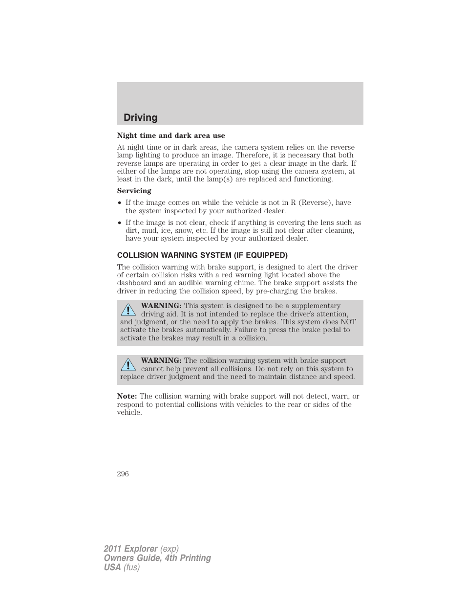 Collision warning system (if equipped), Driving | FORD 2011 Explorer v.3 User Manual | Page 296 / 442