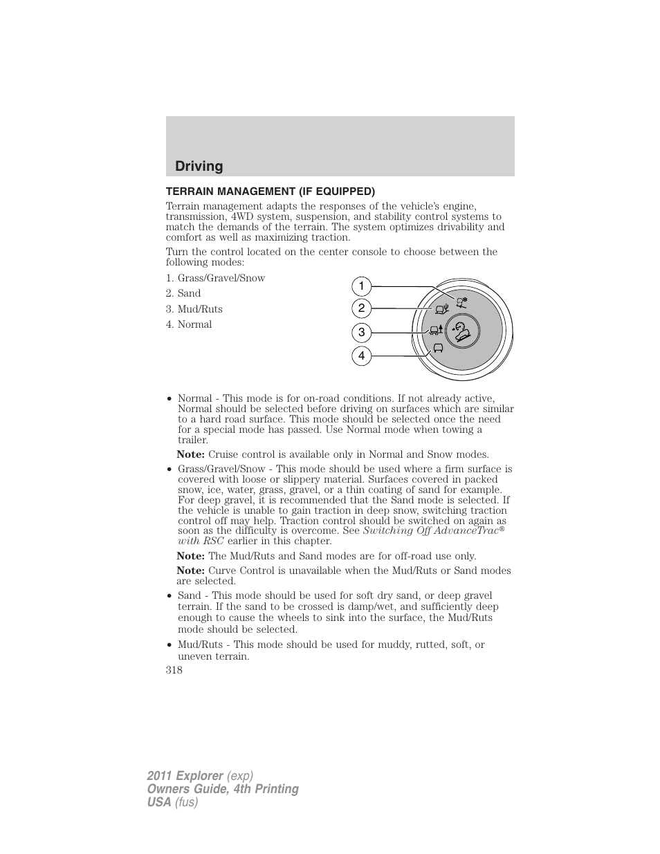 Terrain management (if equipped), Driving | FORD 2011 Explorer v.3 User Manual | Page 318 / 442