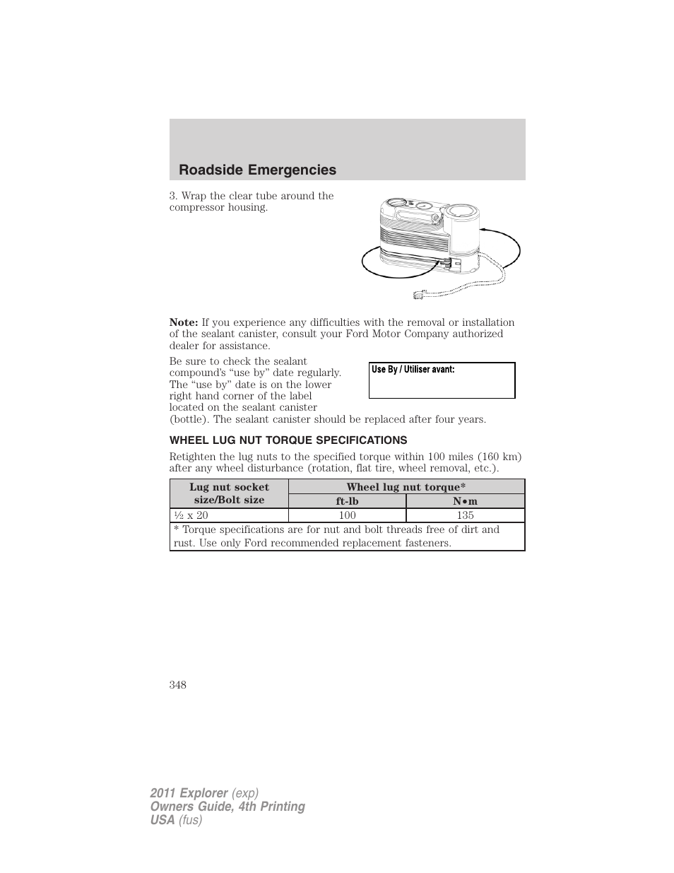 Wheel lug nut torque specifications, Wheel lug nut torque, Roadside emergencies | FORD 2011 Explorer v.3 User Manual | Page 348 / 442