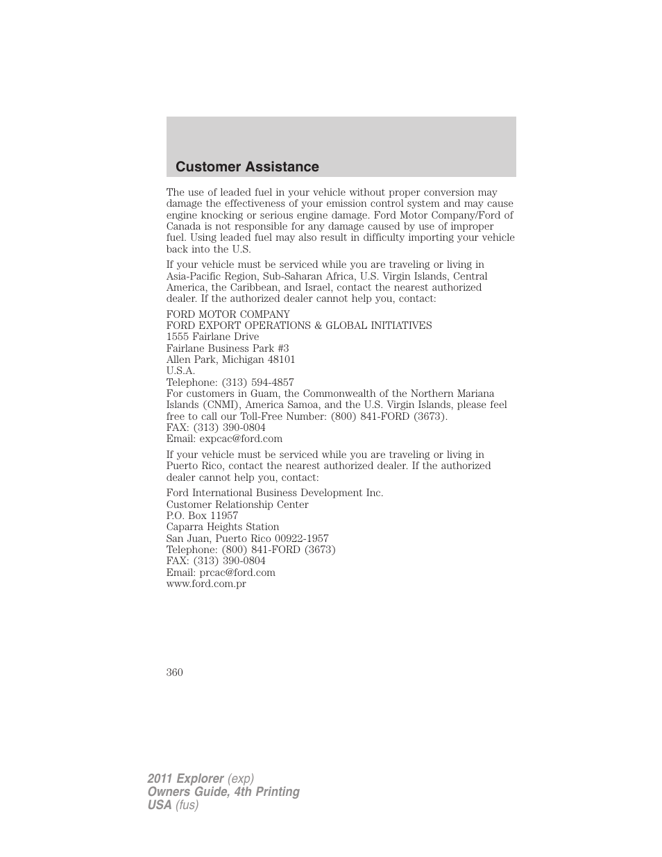 Customer assistance | FORD 2011 Explorer v.3 User Manual | Page 360 / 442