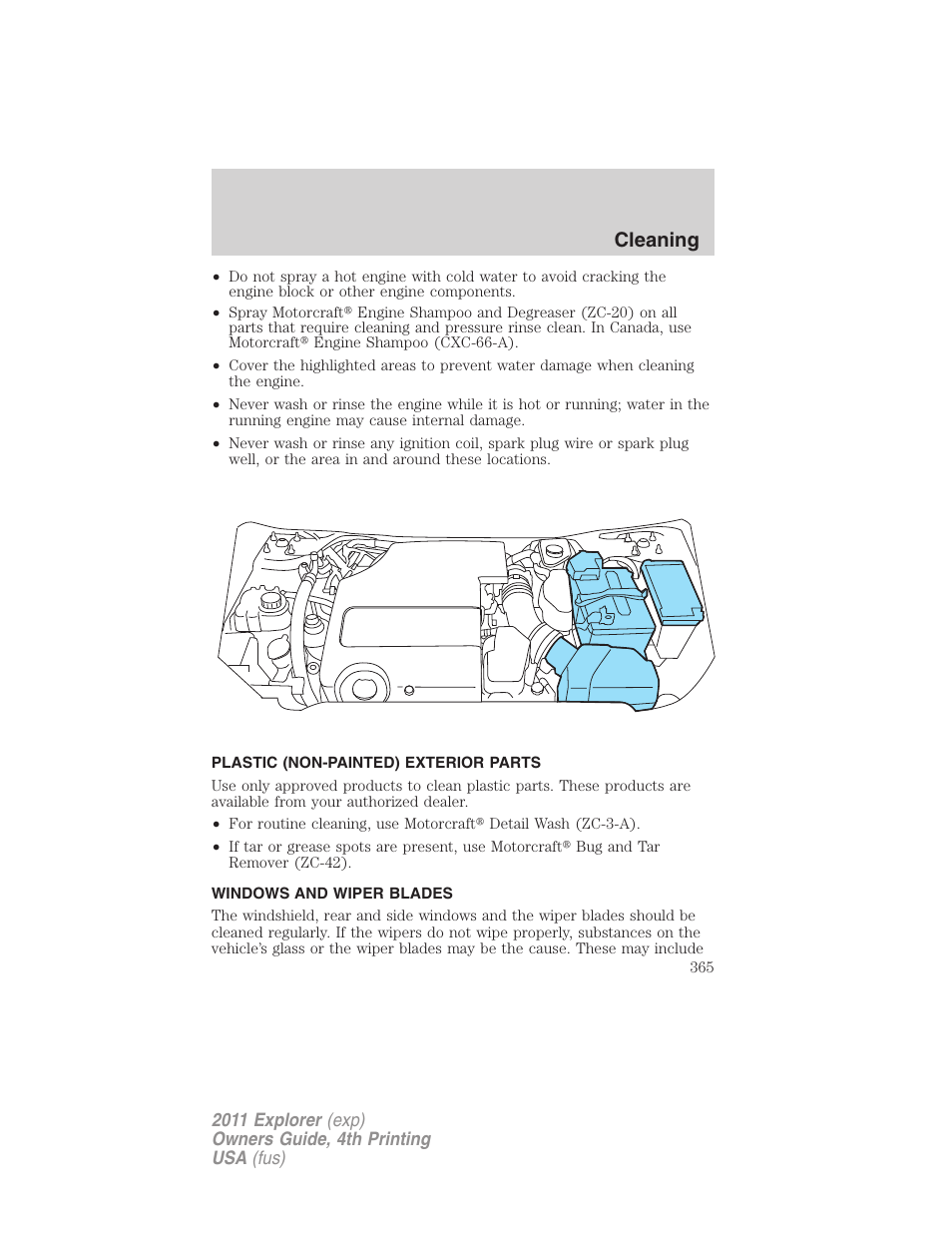 Plastic (non-painted) exterior parts, Windows and wiper blades, Cleaning | FORD 2011 Explorer v.3 User Manual | Page 365 / 442