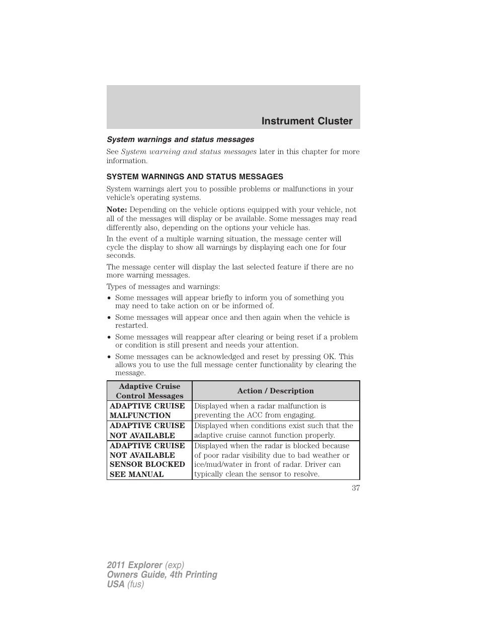 System warnings and status messages, Instrument cluster | FORD 2011 Explorer v.3 User Manual | Page 37 / 442