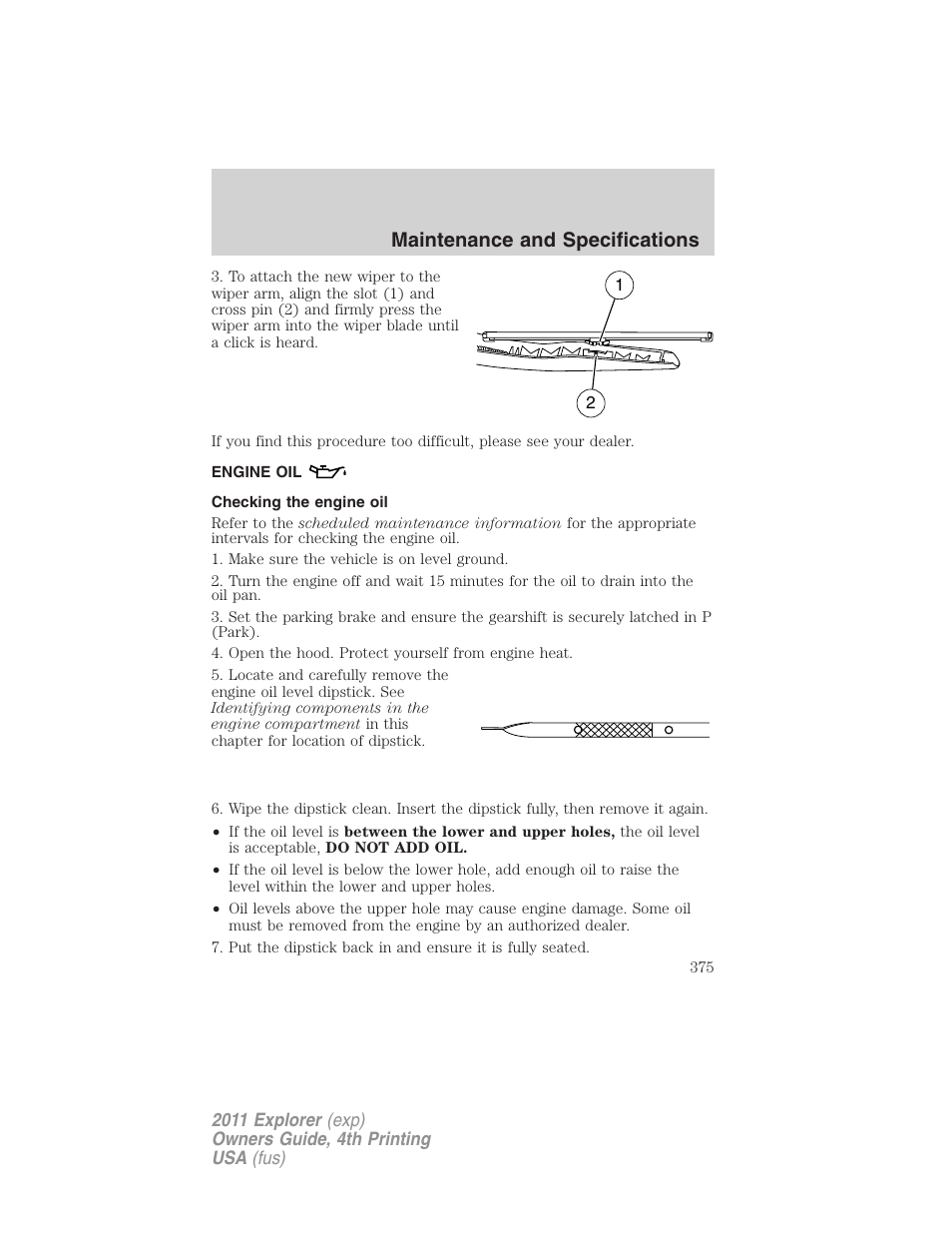 Engine oil, Checking the engine oil, Maintenance and specifications | FORD 2011 Explorer v.3 User Manual | Page 375 / 442