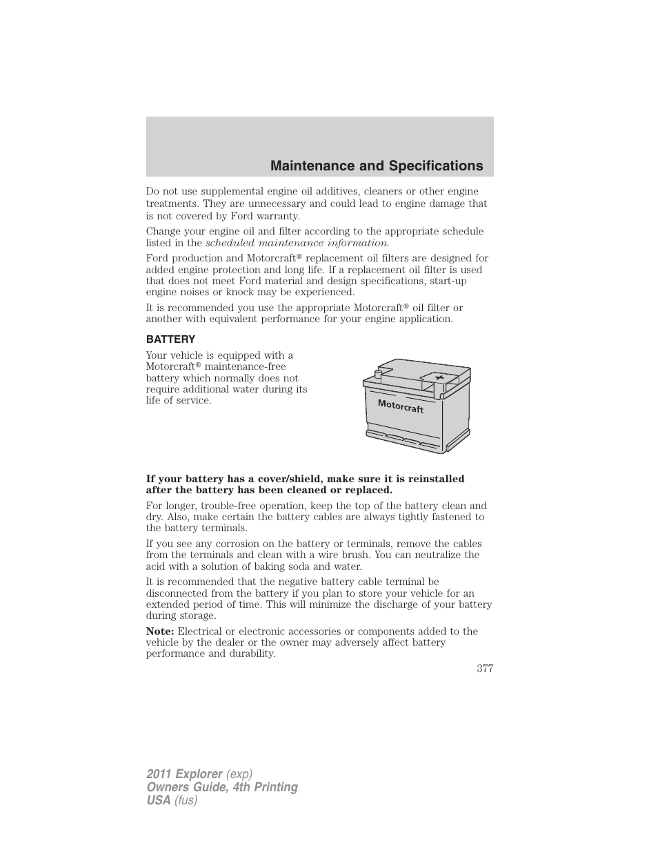 Battery, Maintenance and specifications | FORD 2011 Explorer v.3 User Manual | Page 377 / 442