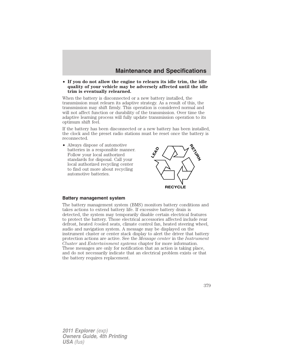 Battery management system, Maintenance and specifications | FORD 2011 Explorer v.3 User Manual | Page 379 / 442