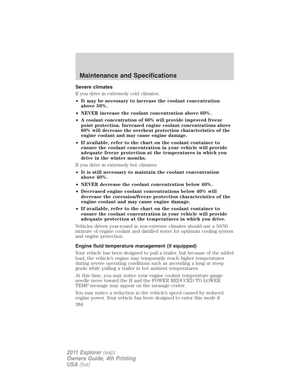 Severe climates, Engine fluid temperature management (if equipped), Maintenance and specifications | FORD 2011 Explorer v.3 User Manual | Page 384 / 442