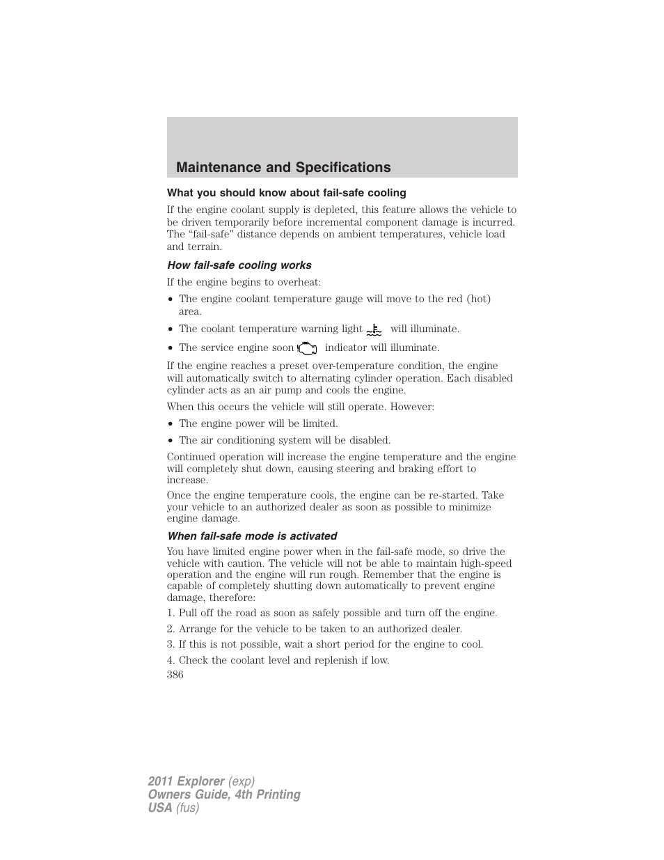 What you should know about fail-safe cooling, How fail-safe cooling works, When fail-safe mode is activated | Maintenance and specifications | FORD 2011 Explorer v.3 User Manual | Page 386 / 442