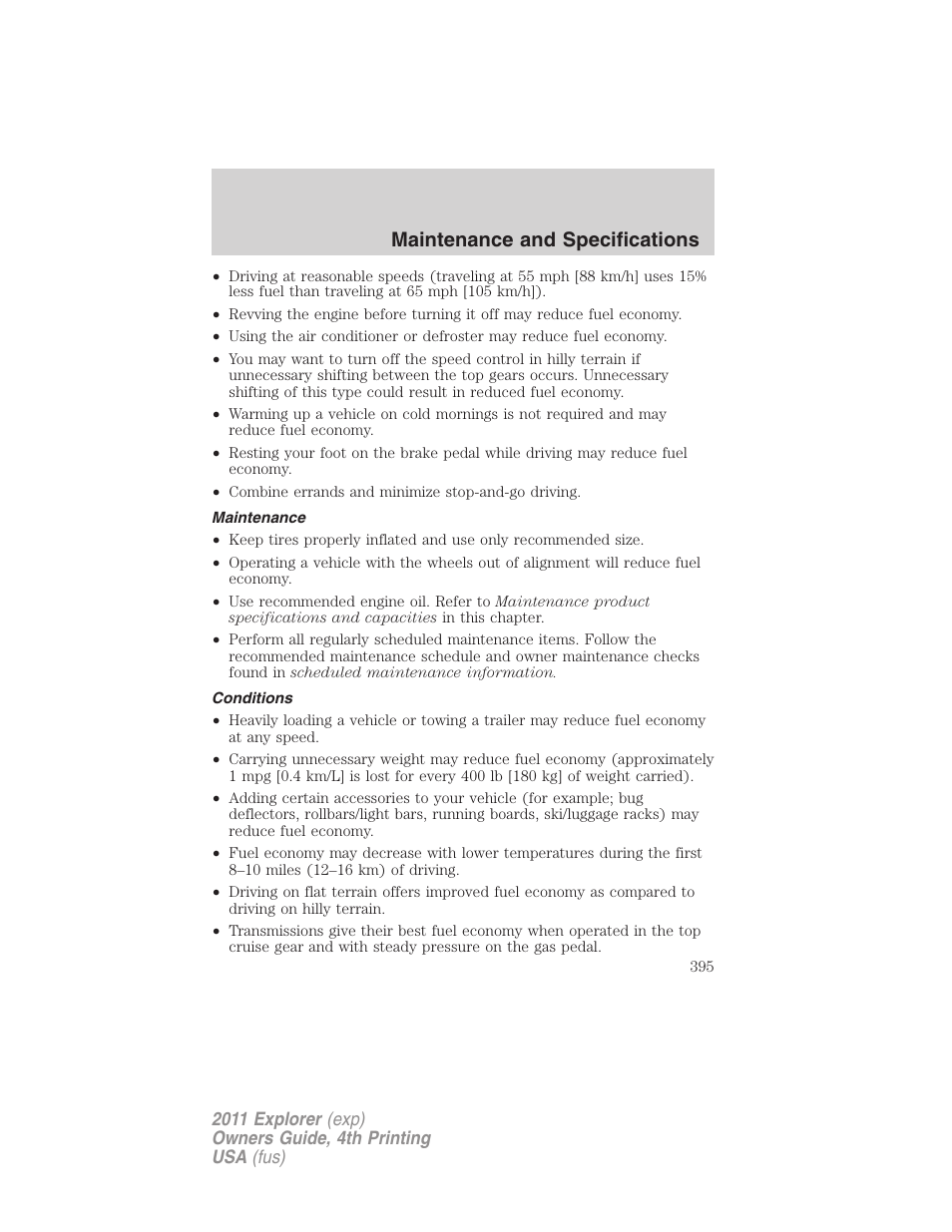 Maintenance, Conditions, Maintenance and specifications | FORD 2011 Explorer v.3 User Manual | Page 395 / 442