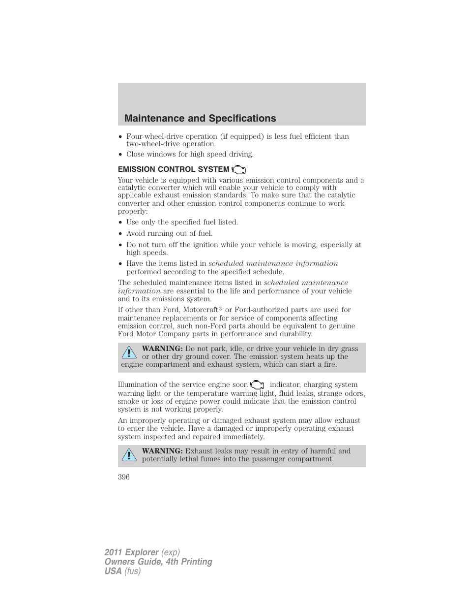 Emission control system, Maintenance and specifications | FORD 2011 Explorer v.3 User Manual | Page 396 / 442