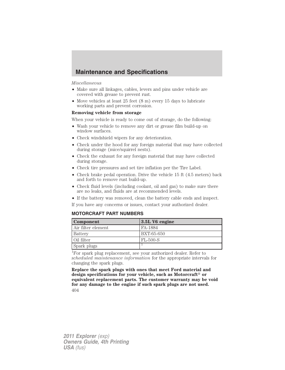 Motorcraft part numbers, Part numbers, Maintenance and specifications | FORD 2011 Explorer v.3 User Manual | Page 404 / 442