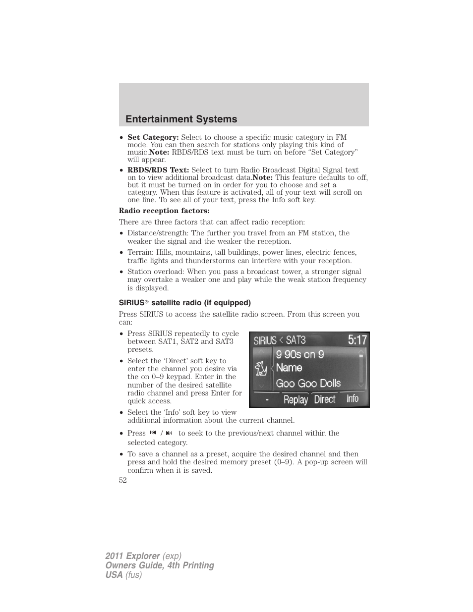 Sirius satellite radio (if equipped), Entertainment systems | FORD 2011 Explorer v.3 User Manual | Page 52 / 442