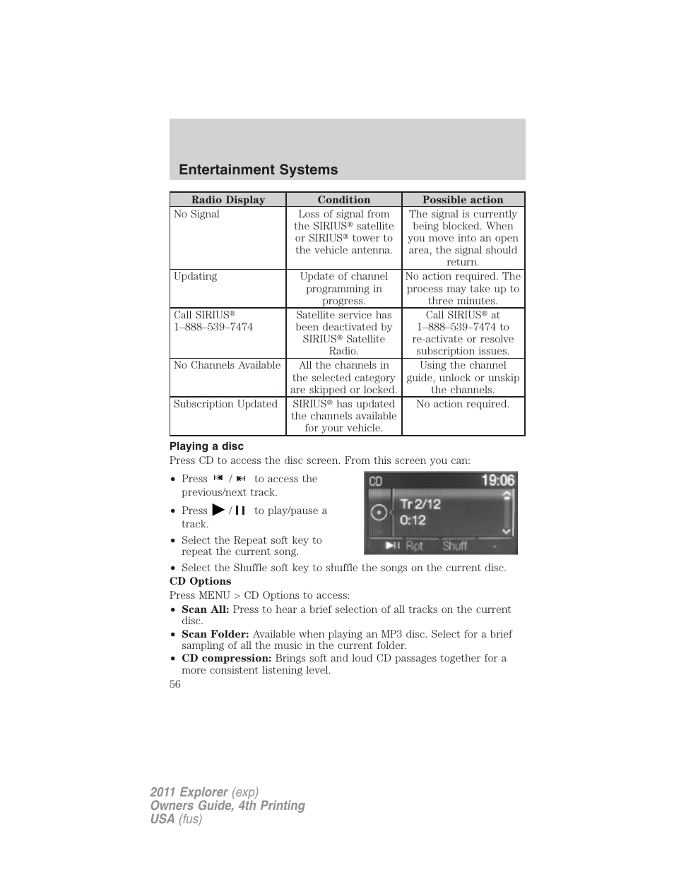 Playing a disc, Entertainment systems | FORD 2011 Explorer v.3 User Manual | Page 56 / 442