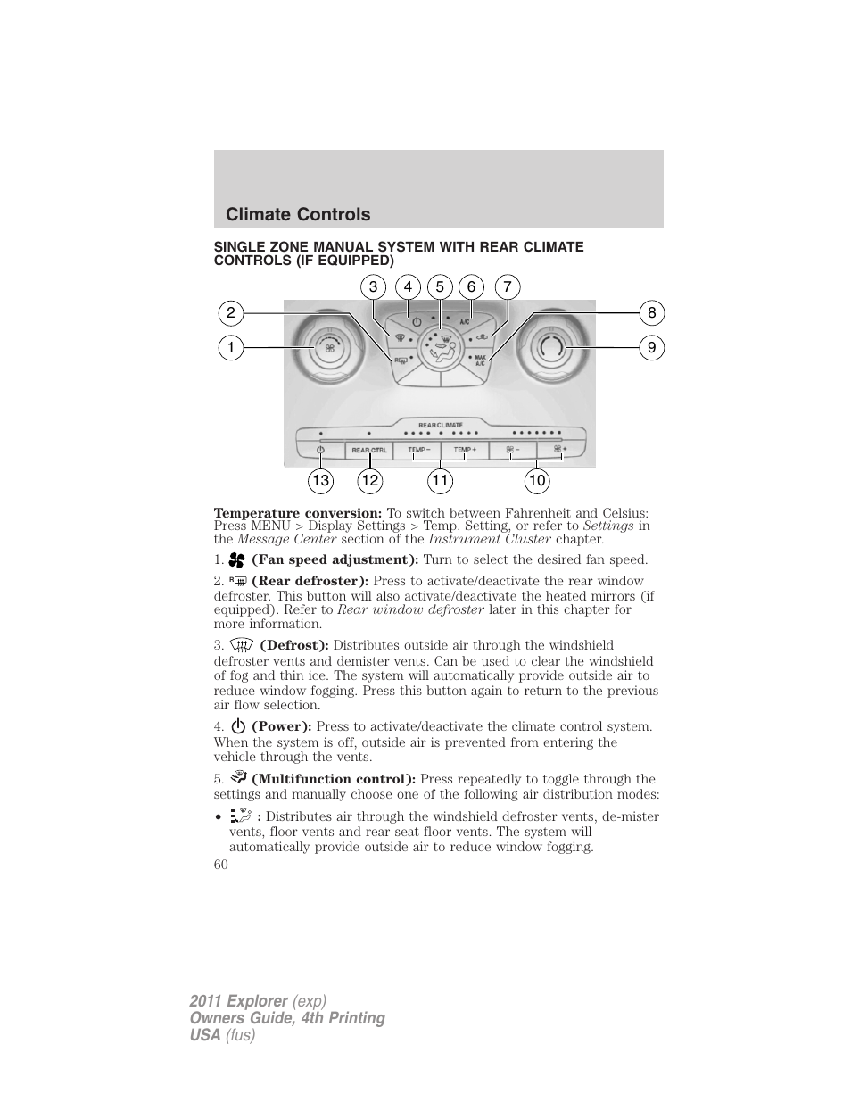 Climate controls, Manual heating and air conditioning | FORD 2011 Explorer v.3 User Manual | Page 60 / 442