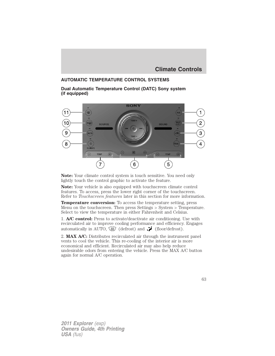 Automatic temperature control systems, Automatic temperature control, Climate controls | FORD 2011 Explorer v.3 User Manual | Page 63 / 442