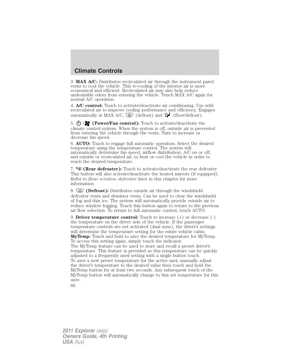 Climate controls | FORD 2011 Explorer v.3 User Manual | Page 66 / 442