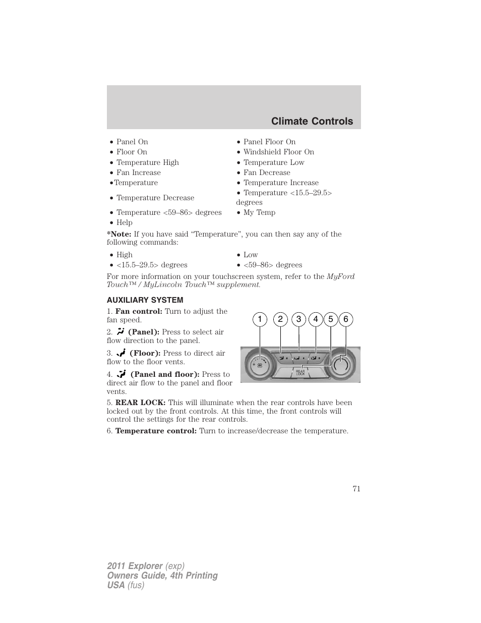 Auxiliary system, Auxiliary passenger climate control, Climate controls | FORD 2011 Explorer v.3 User Manual | Page 71 / 442